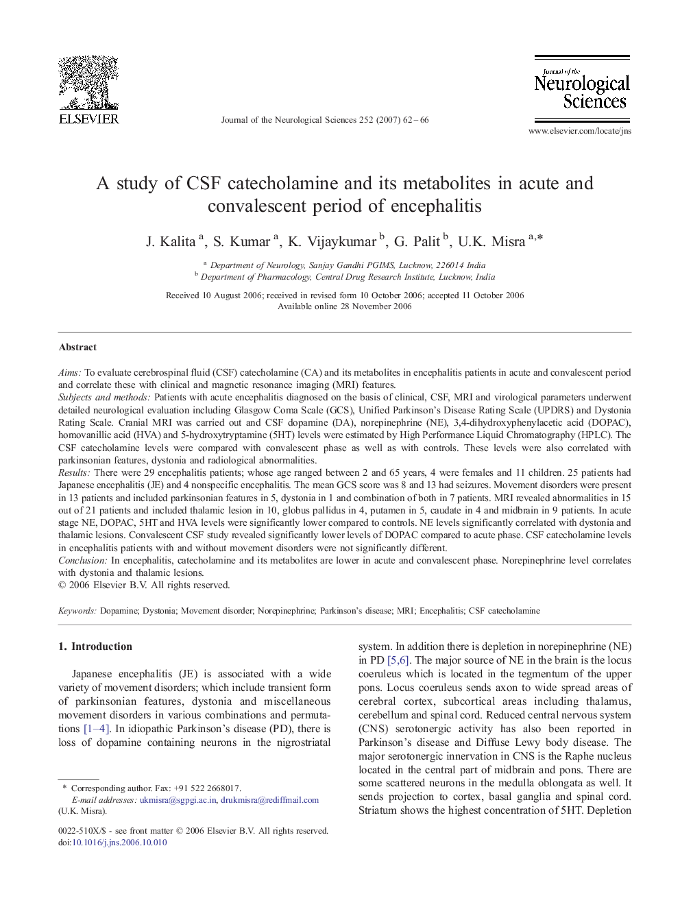 A study of CSF catecholamine and its metabolites in acute and convalescent period of encephalitis