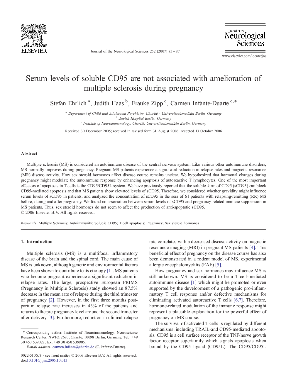 Serum levels of soluble CD95 are not associated with amelioration of multiple sclerosis during pregnancy