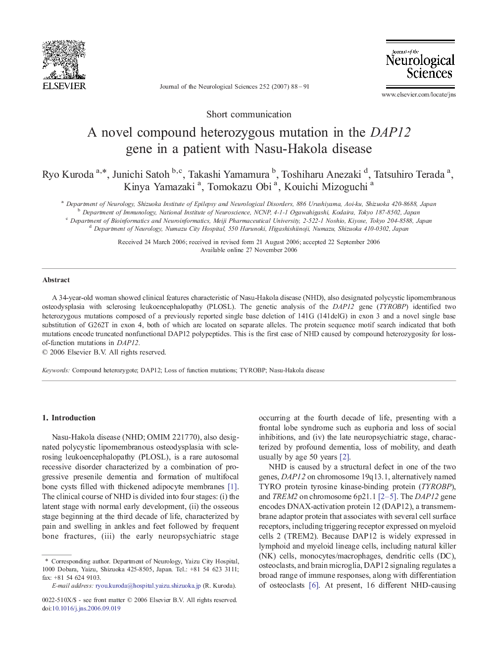 A novel compound heterozygous mutation in the DAP12 gene in a patient with Nasu-Hakola disease