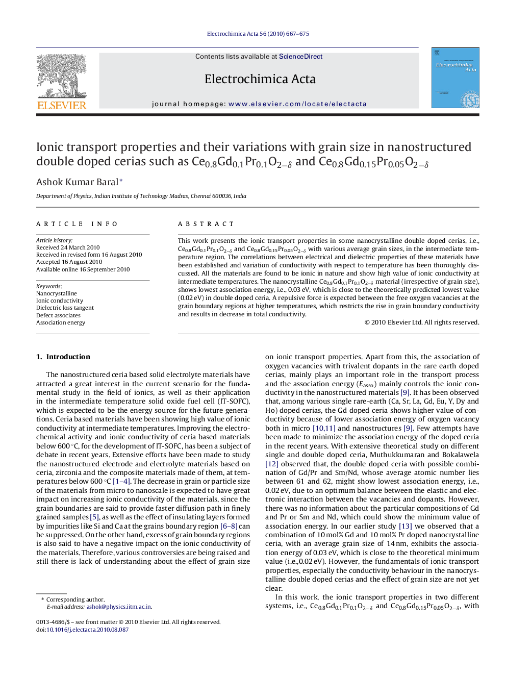 Ionic transport properties and their variations with grain size in nanostructured double doped cerias such as Ce0.8Gd0.1Pr0.1O2−δ and Ce0.8Gd0.15Pr0.05O2−δ