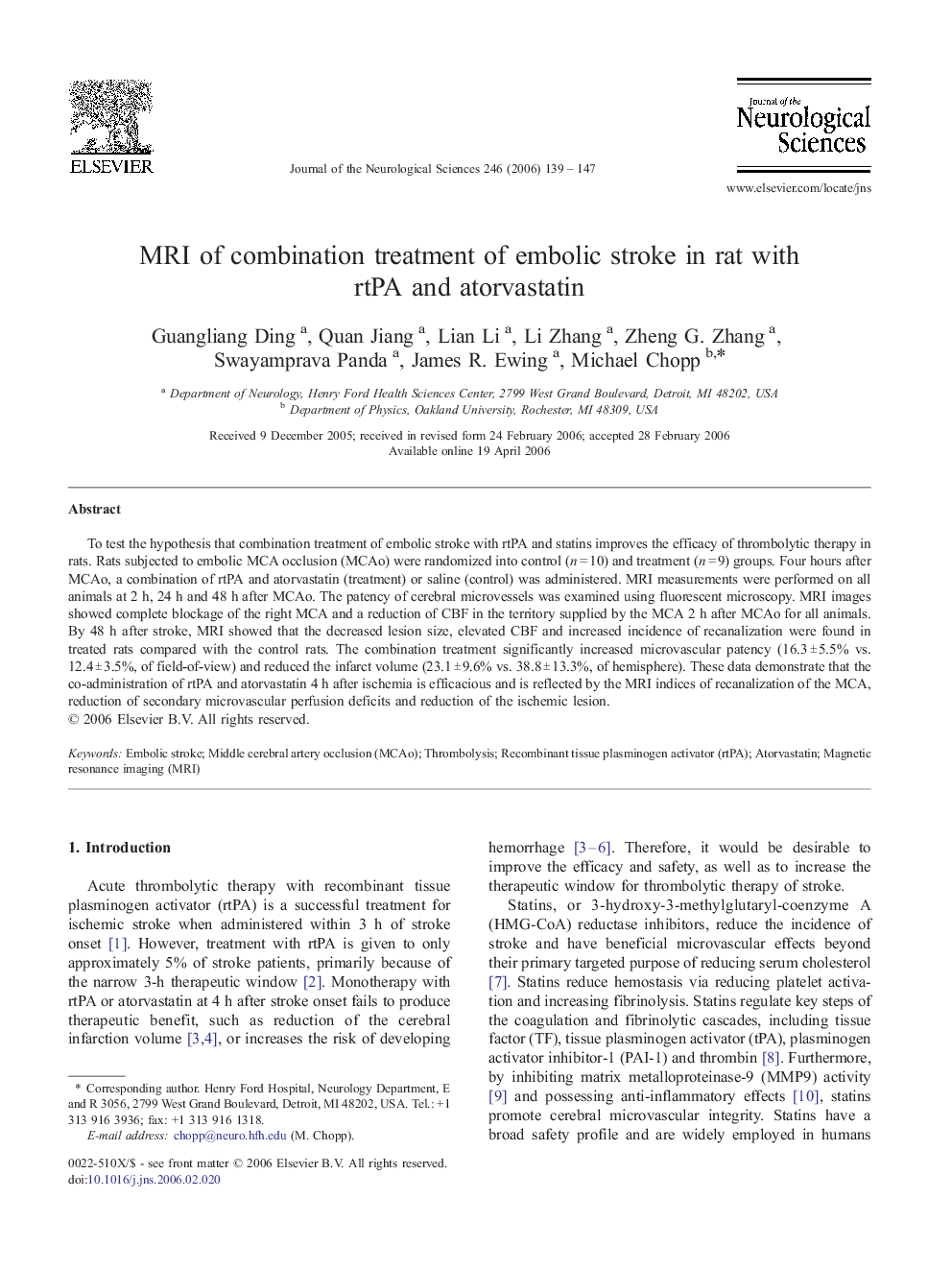 MRI of combination treatment of embolic stroke in rat with rtPA and atorvastatin