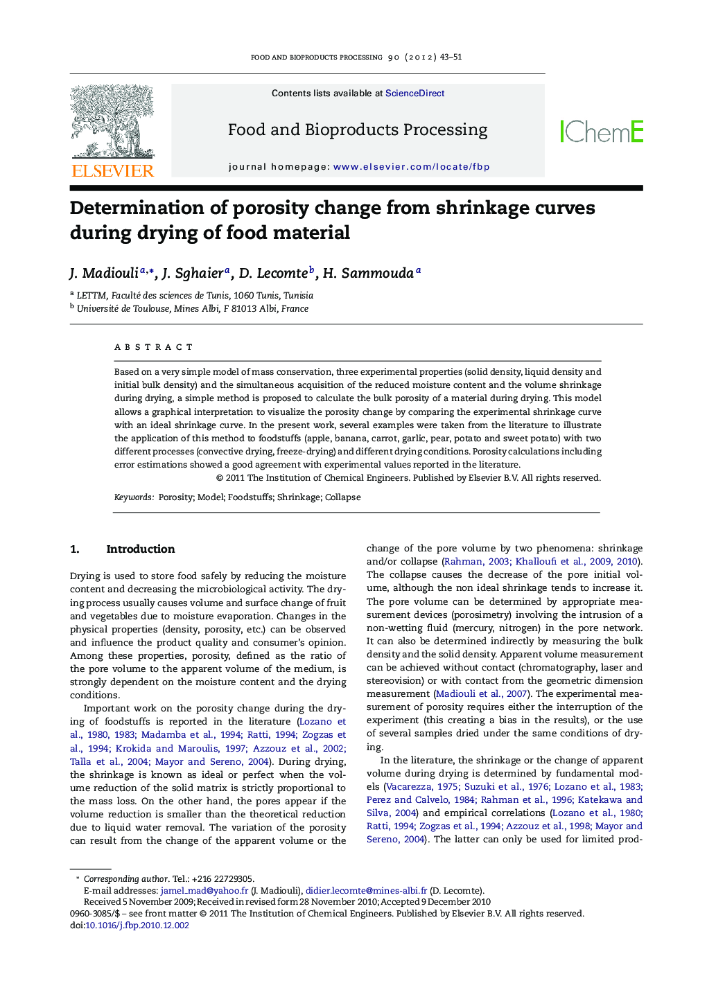 Determination of porosity change from shrinkage curves during drying of food material