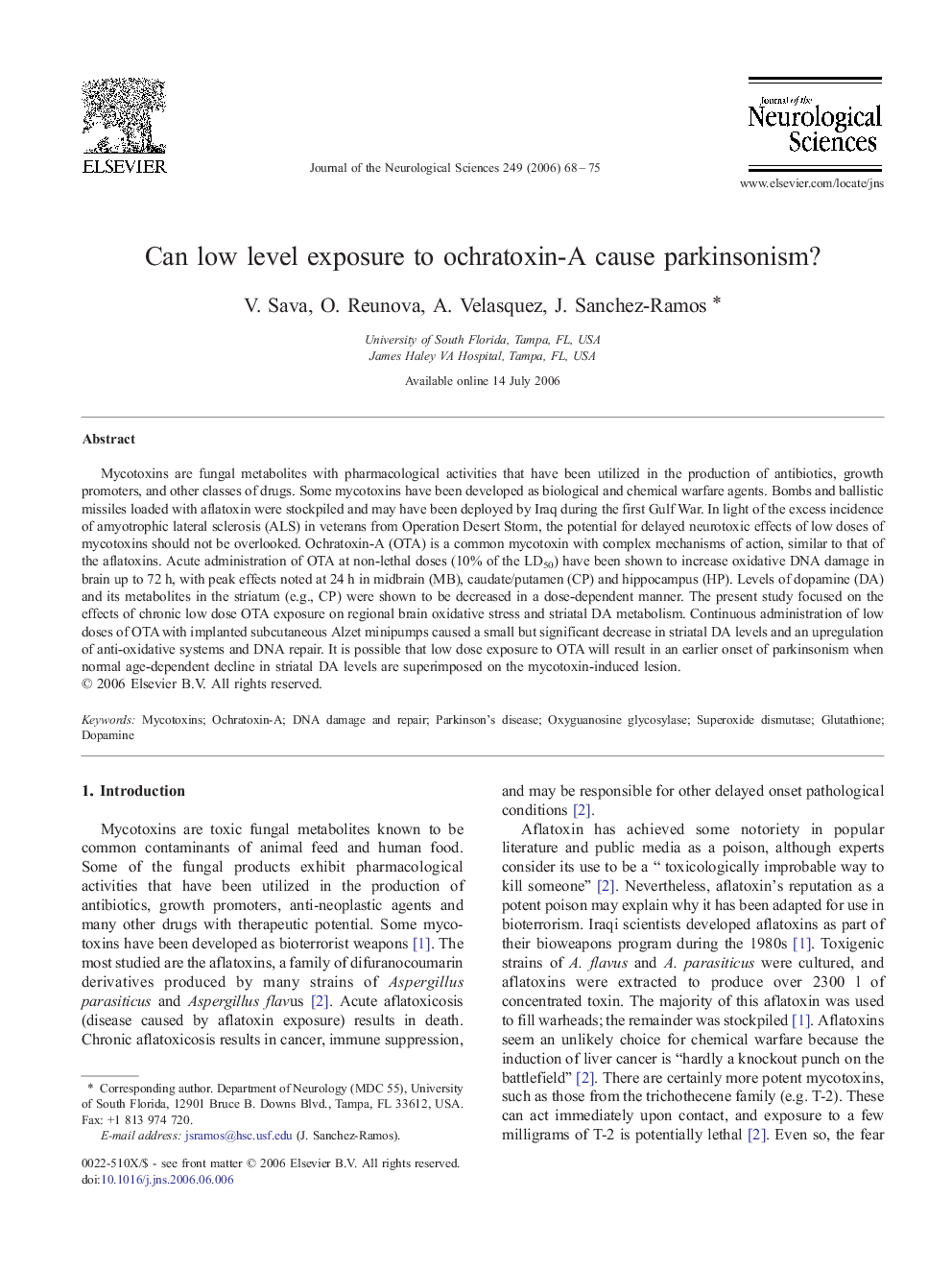 Can low level exposure to ochratoxin-A cause parkinsonism?