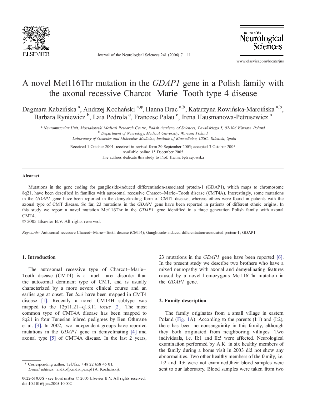 A novel Met116Thr mutation in the GDAP1 gene in a Polish family with the axonal recessive Charcot–Marie–Tooth type 4 disease