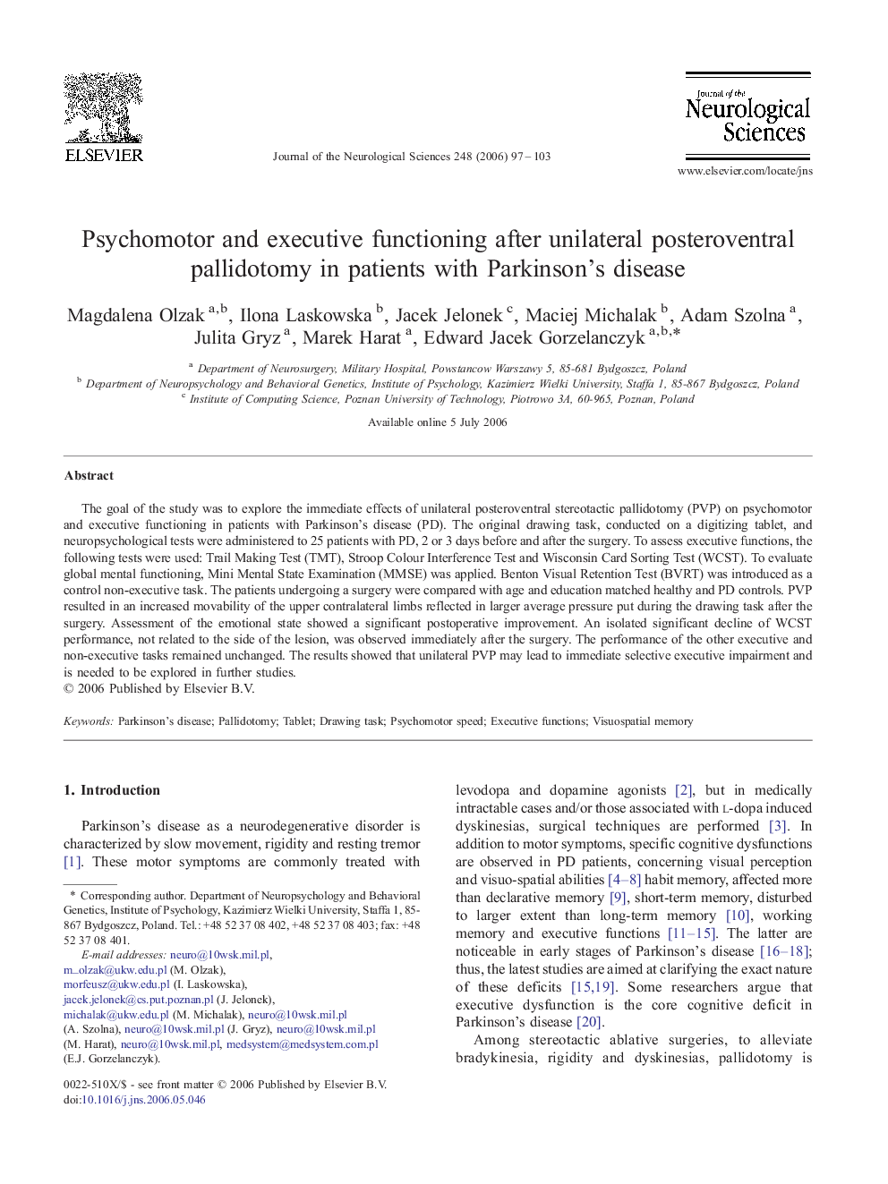 Psychomotor and executive functioning after unilateral posteroventral pallidotomy in patients with Parkinson's disease