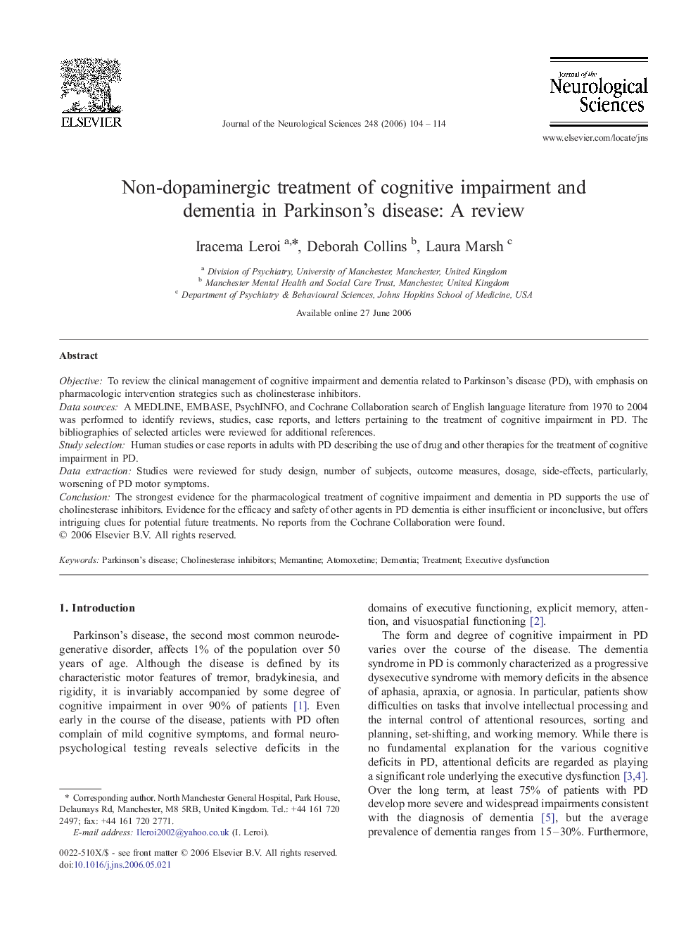 Non-dopaminergic treatment of cognitive impairment and dementia in Parkinson's disease: A review