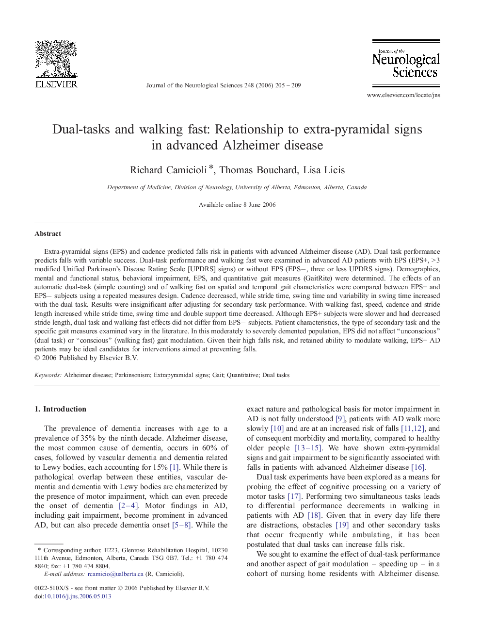 Dual-tasks and walking fast: Relationship to extra-pyramidal signs in advanced Alzheimer disease