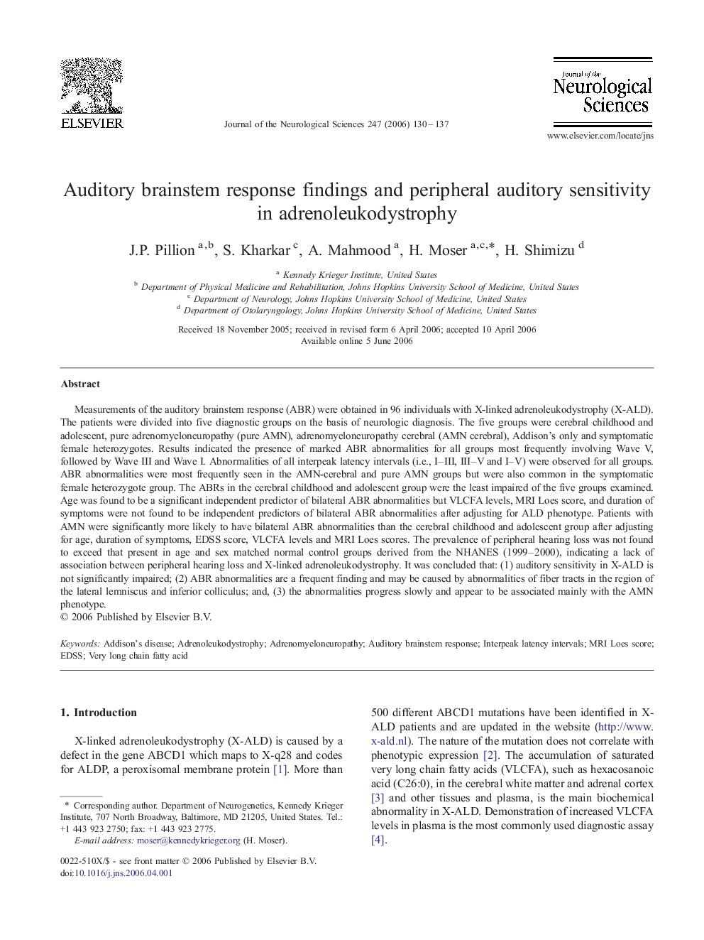 Auditory brainstem response findings and peripheral auditory sensitivity in adrenoleukodystrophy