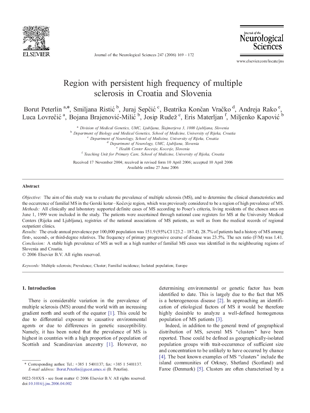 Region with persistent high frequency of multiple sclerosis in Croatia and Slovenia