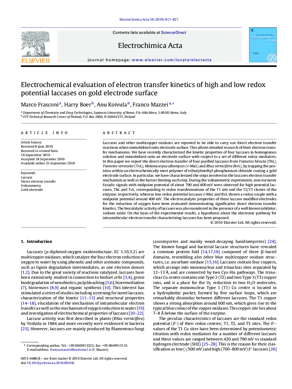 Electrochemical evaluation of electron transfer kinetics of high and low redox potential laccases on gold electrode surface