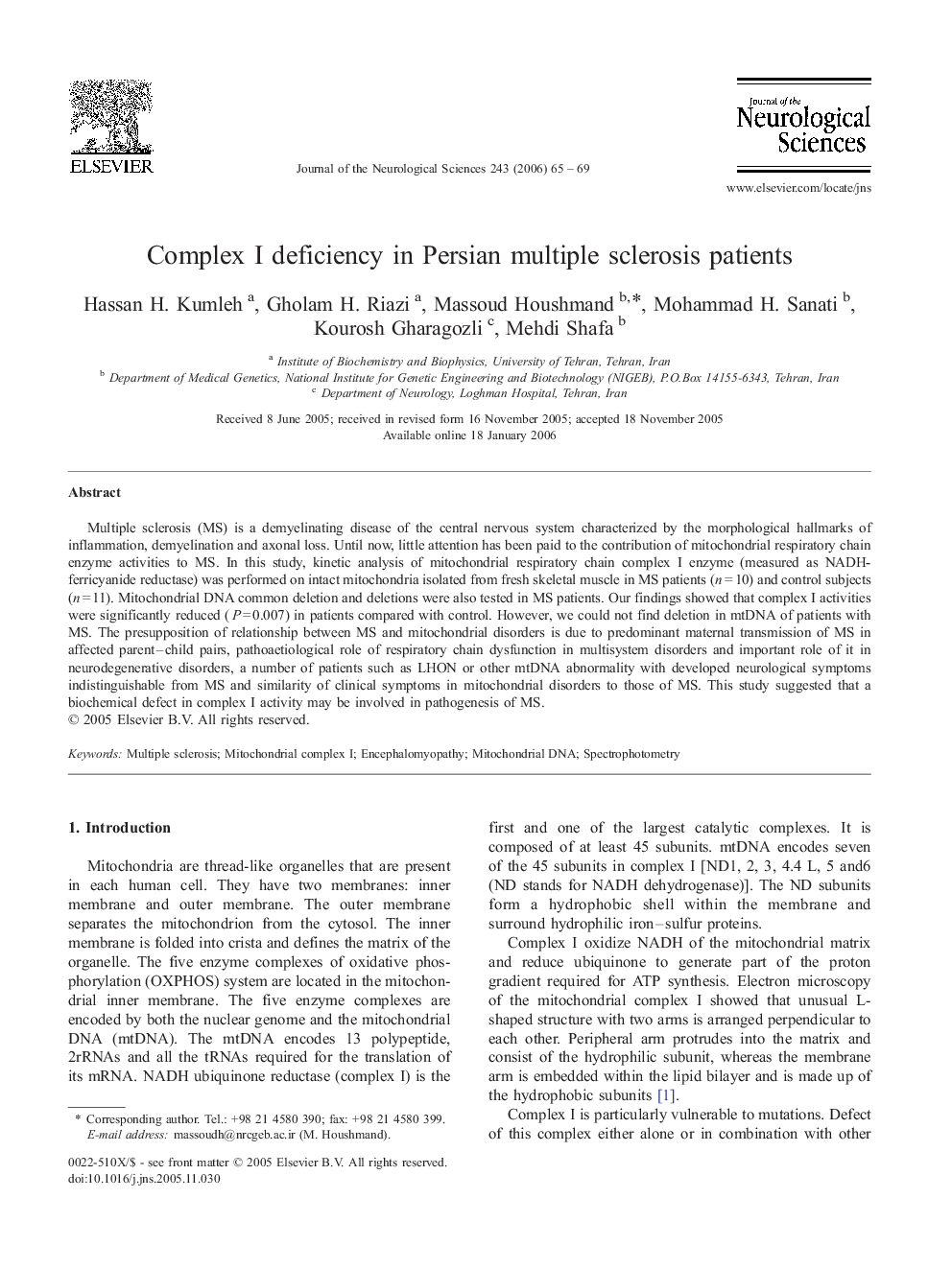 Complex I deficiency in Persian multiple sclerosis patients