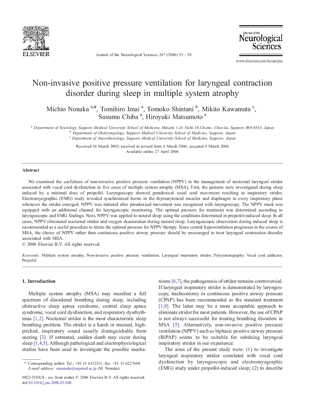 Non-invasive positive pressure ventilation for laryngeal contraction disorder during sleep in multiple system atrophy