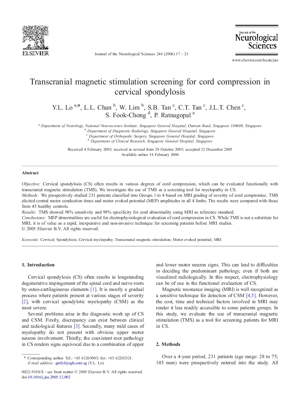 Transcranial magnetic stimulation screening for cord compression in cervical spondylosis