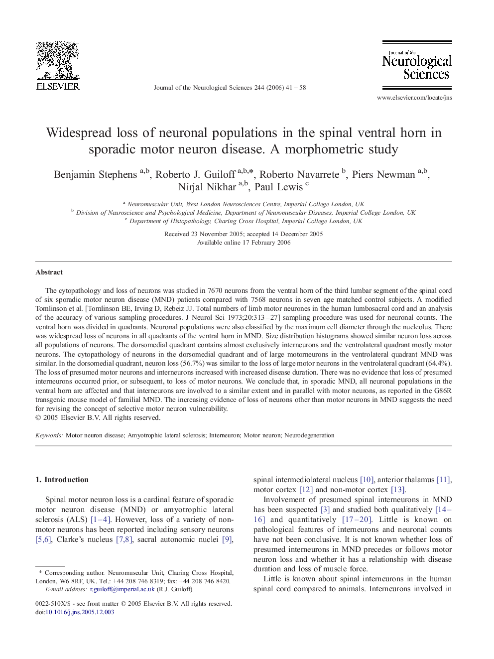 Widespread loss of neuronal populations in the spinal ventral horn in sporadic motor neuron disease. A morphometric study