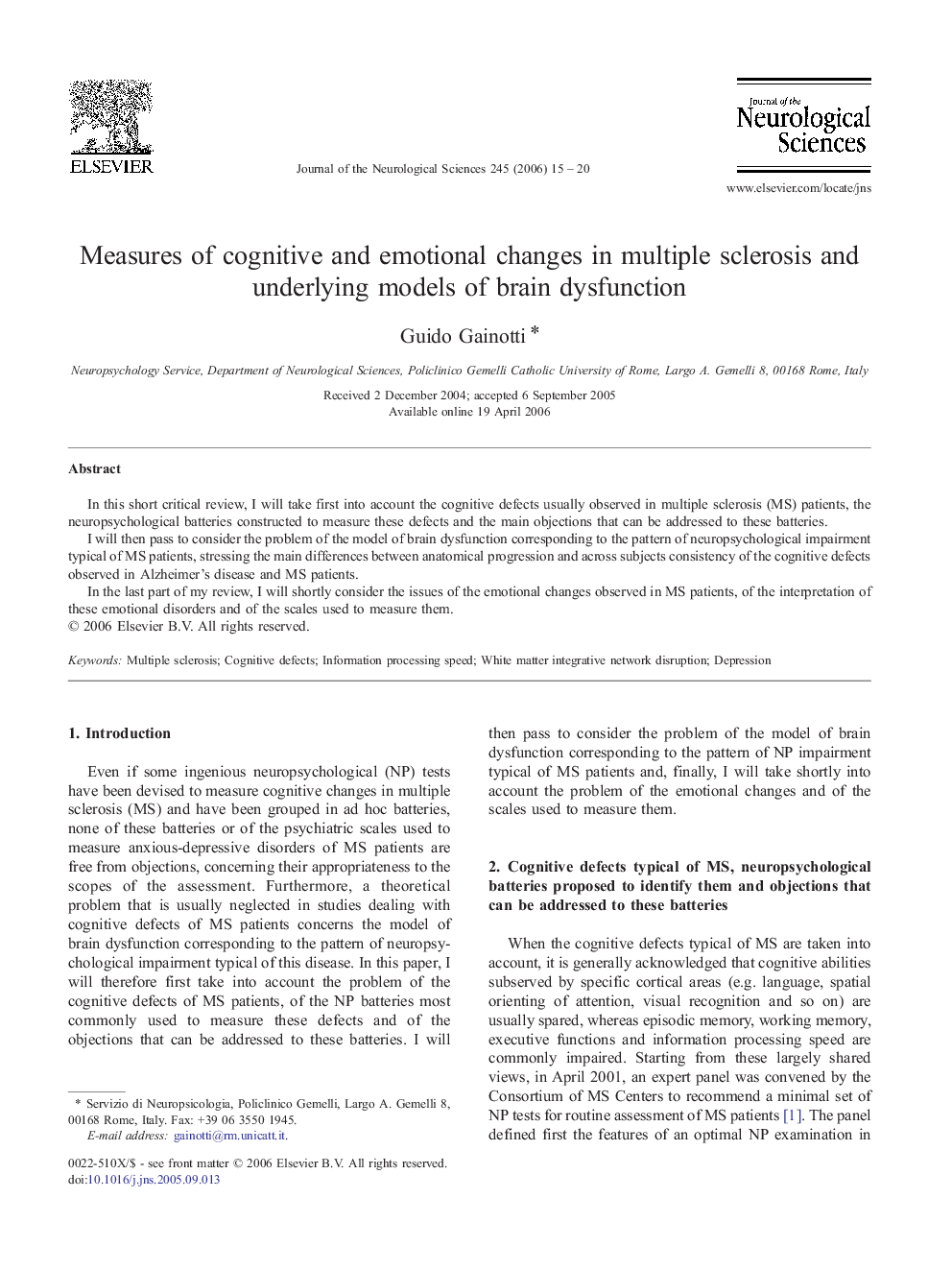 Measures of cognitive and emotional changes in multiple sclerosis and underlying models of brain dysfunction