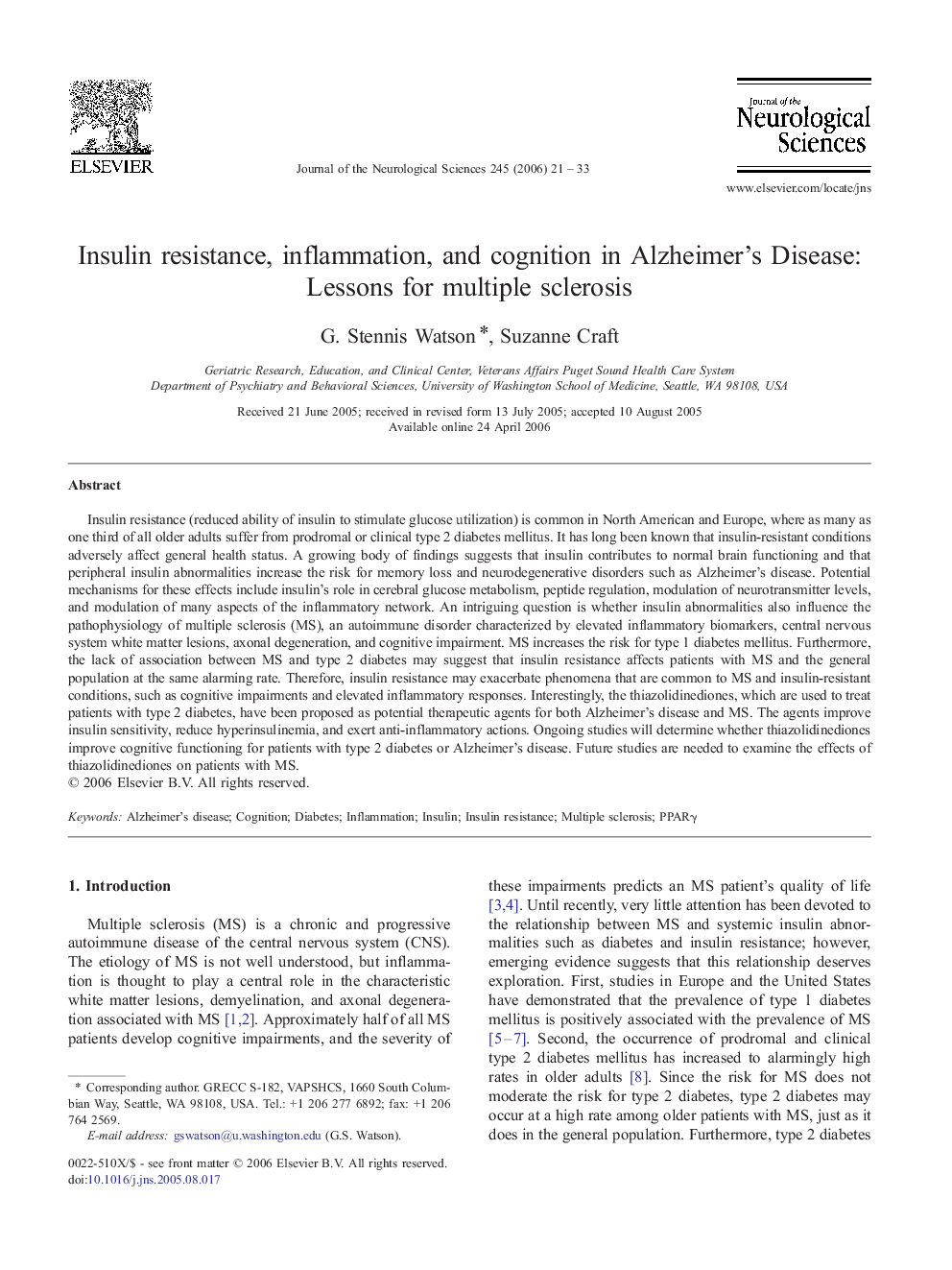 Insulin resistance, inflammation, and cognition in Alzheimer's Disease: Lessons for multiple sclerosis