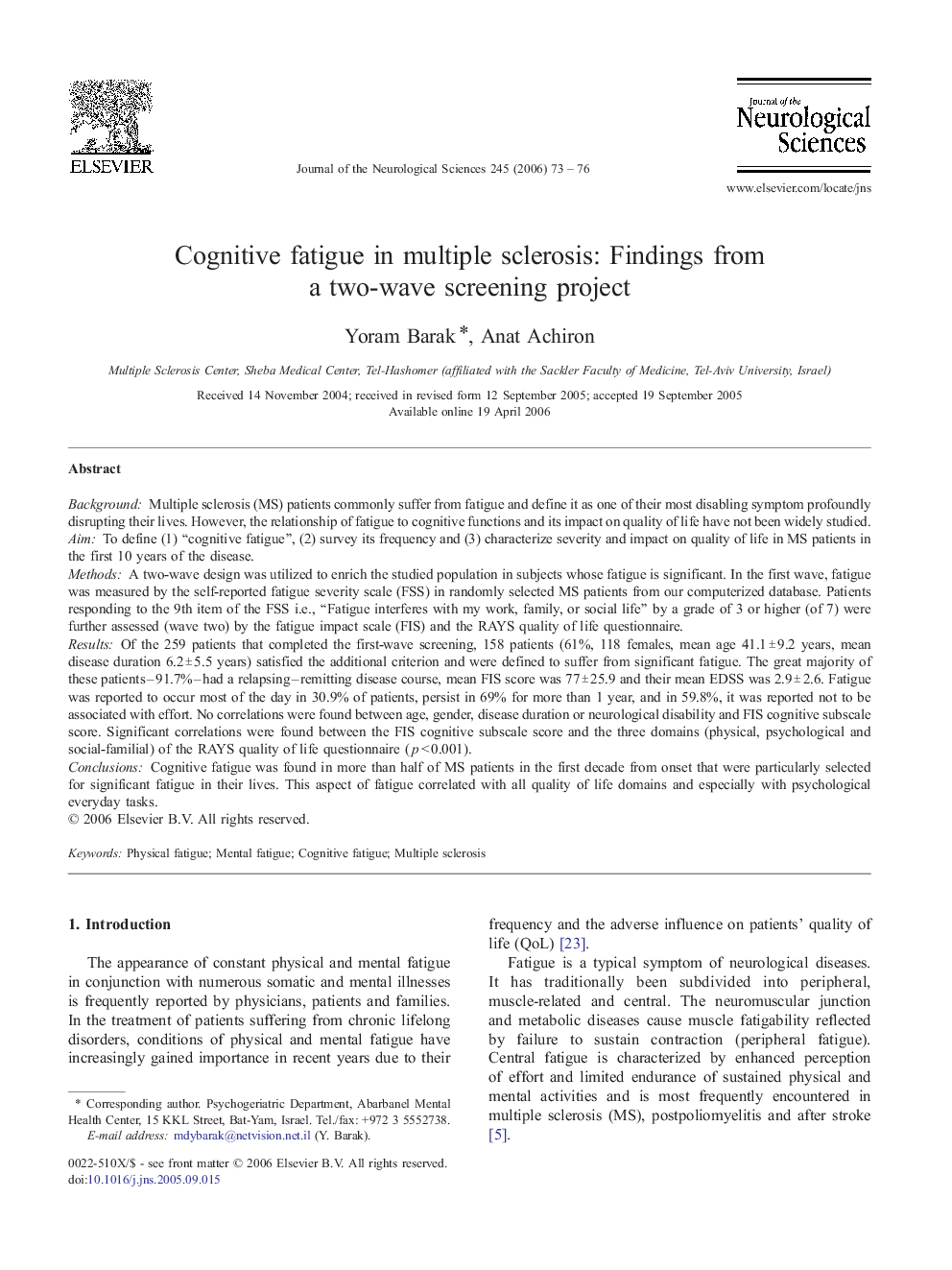 Cognitive fatigue in multiple sclerosis: Findings from a two-wave screening project