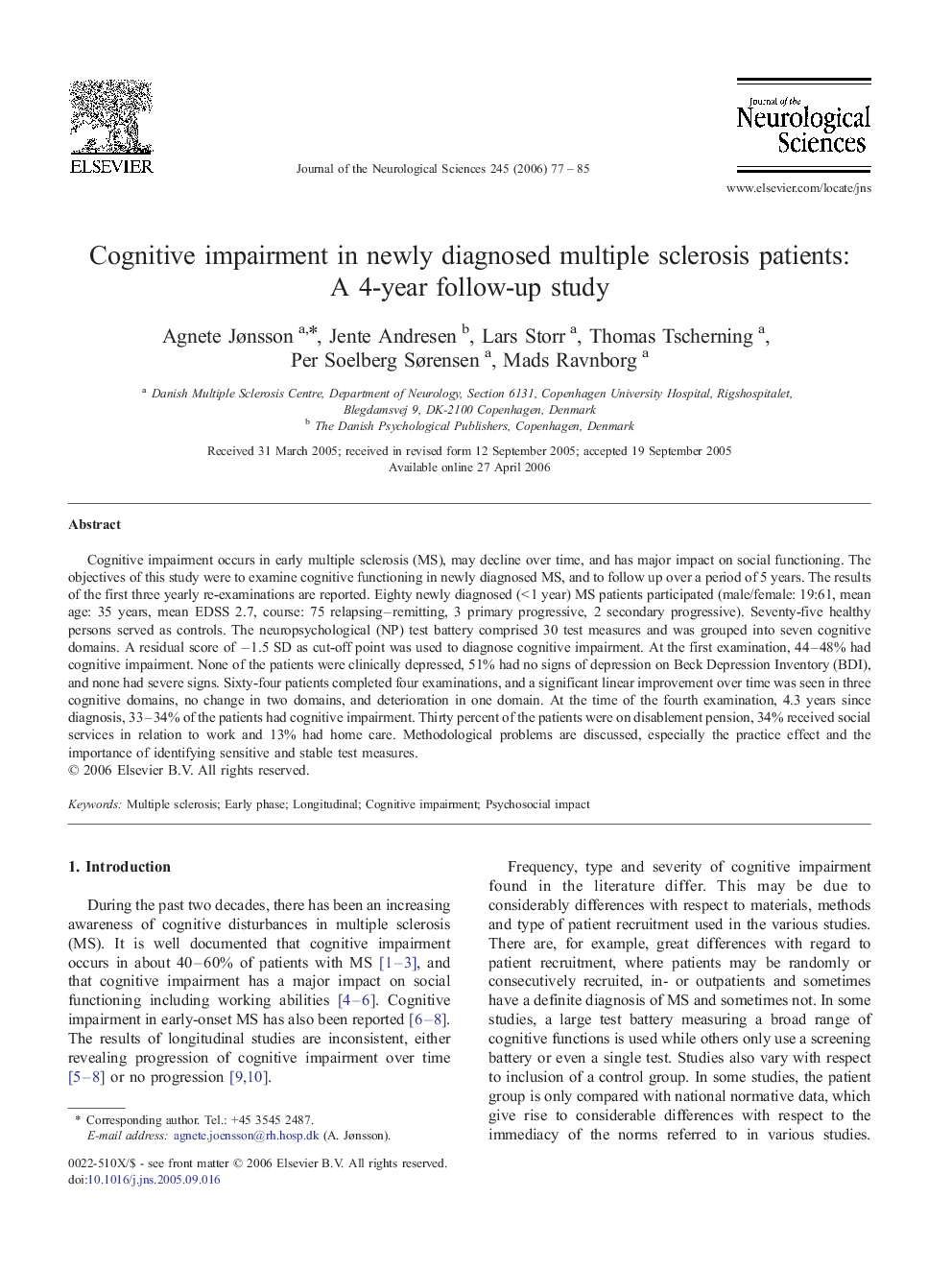 Cognitive impairment in newly diagnosed multiple sclerosis patients: A 4-year follow-up study