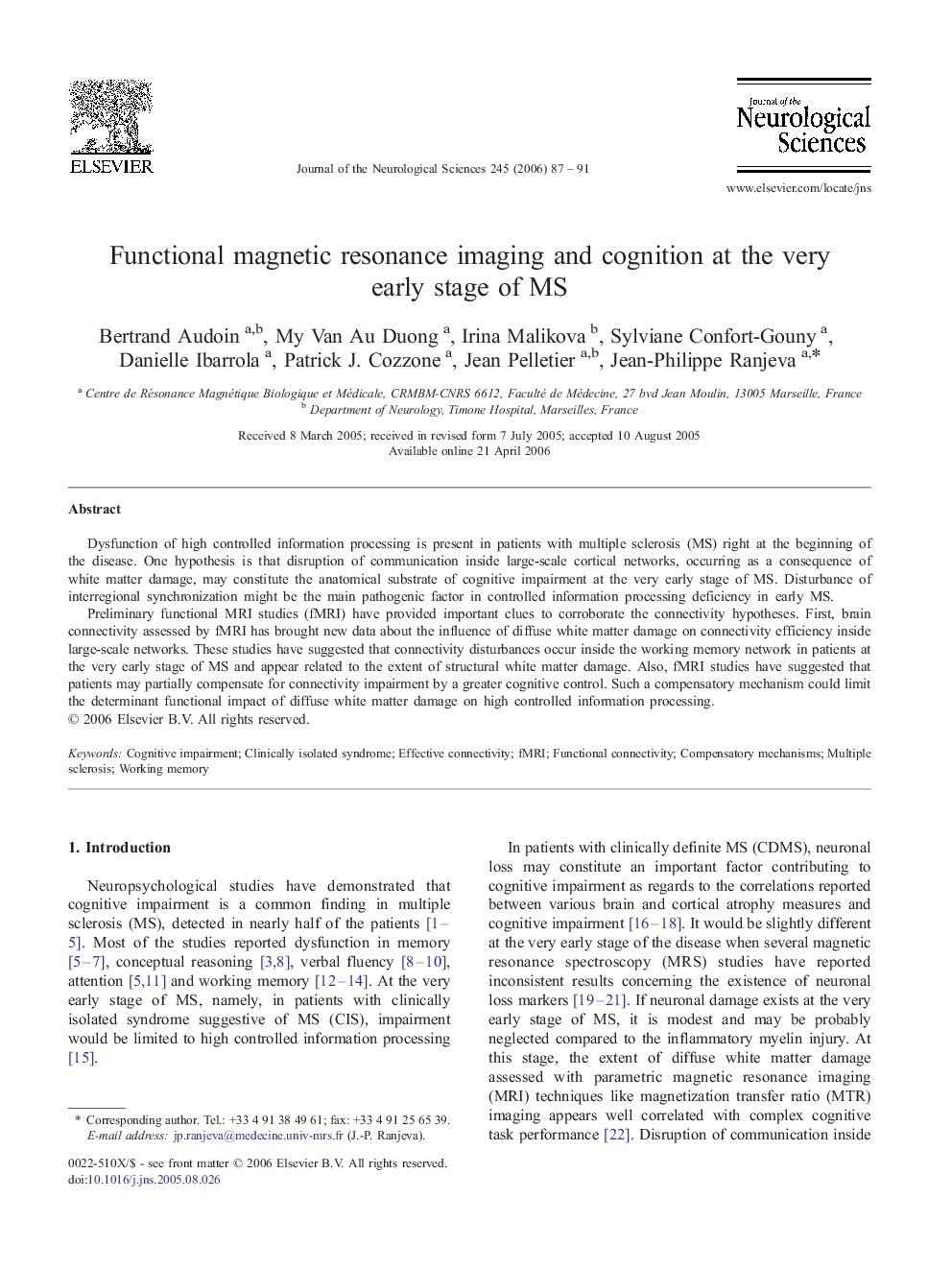 Functional magnetic resonance imaging and cognition at the very early stage of MS