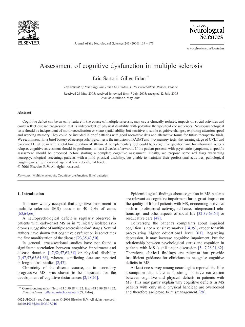 Assessment of cognitive dysfunction in multiple sclerosis