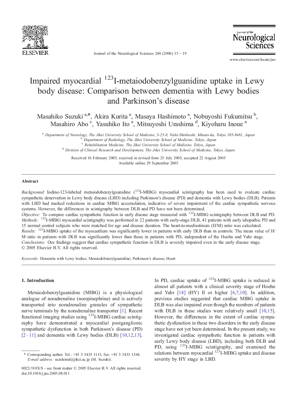 Impaired myocardial 123I-metaiodobenzylguanidine uptake in Lewy body disease: Comparison between dementia with Lewy bodies and Parkinson's disease