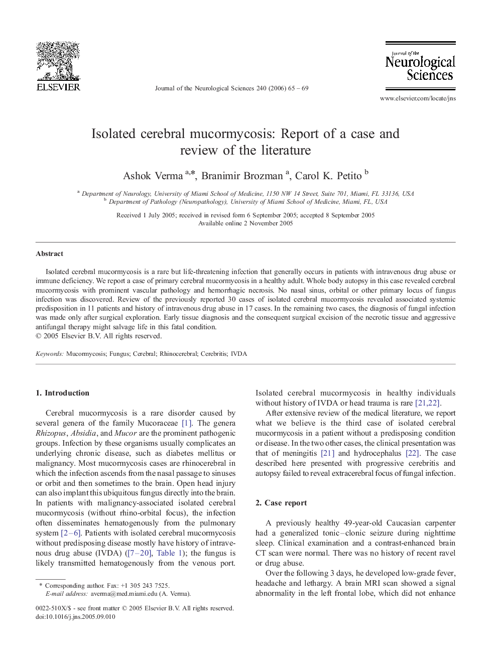 Isolated cerebral mucormycosis: Report of a case and review of the literature