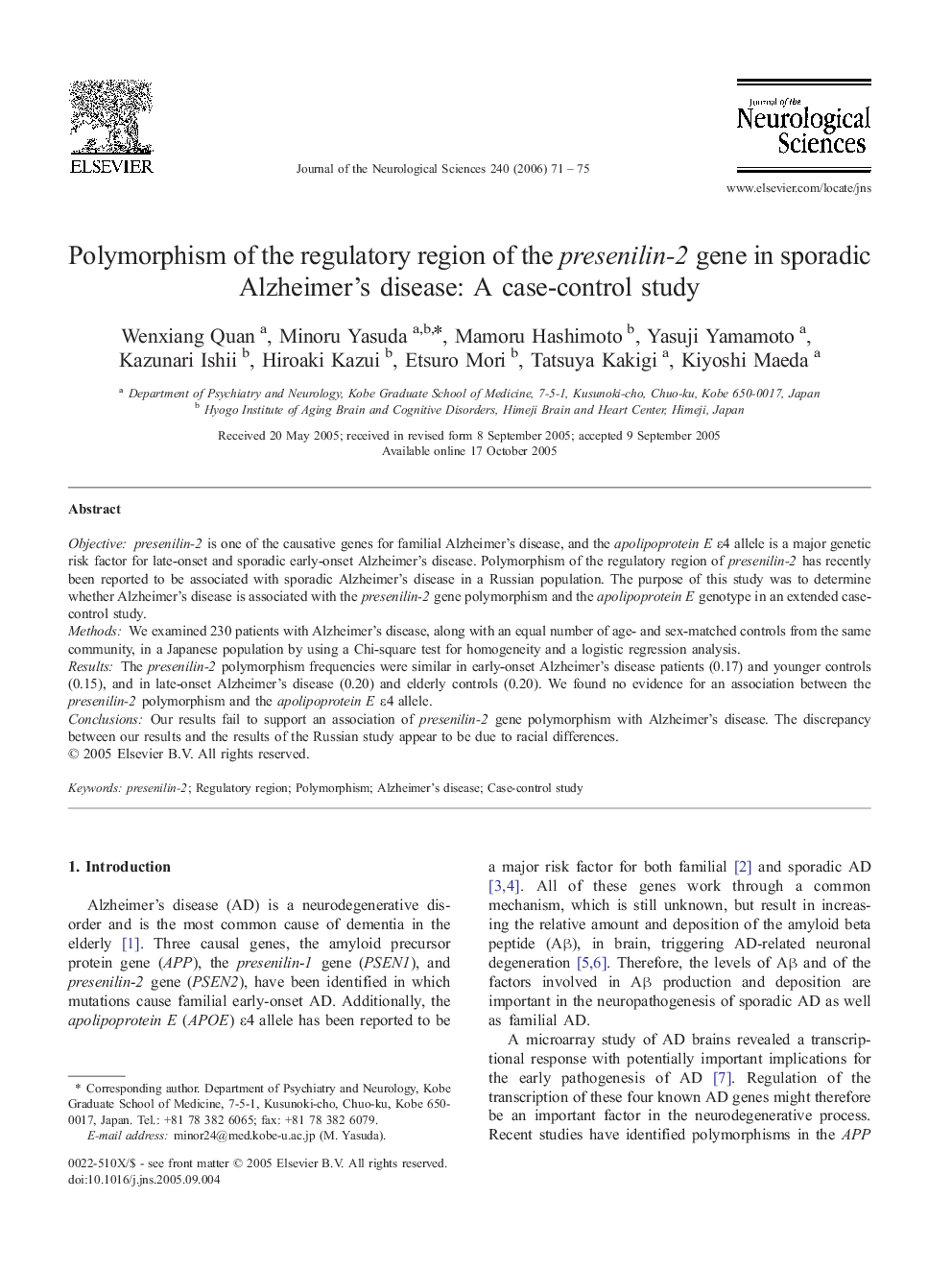 Polymorphism of the regulatory region of the presenilin-2 gene in sporadic Alzheimer's disease: A case-control study