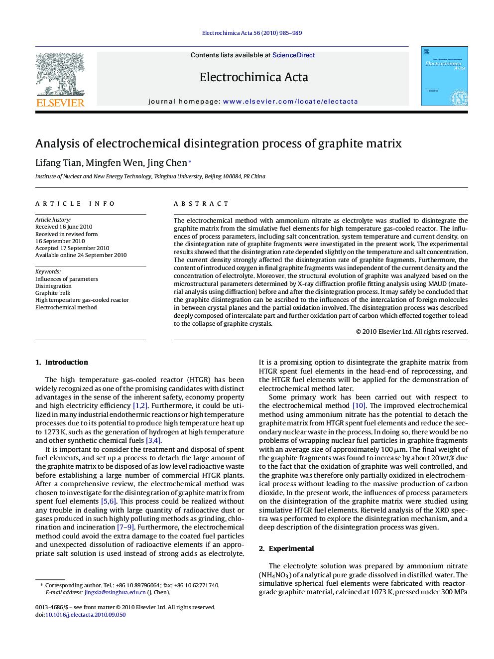 Analysis of electrochemical disintegration process of graphite matrix