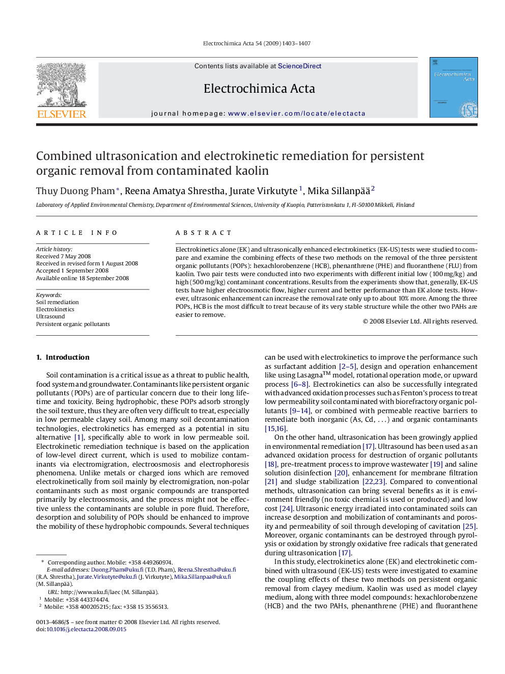 Combined ultrasonication and electrokinetic remediation for persistent organic removal from contaminated kaolin