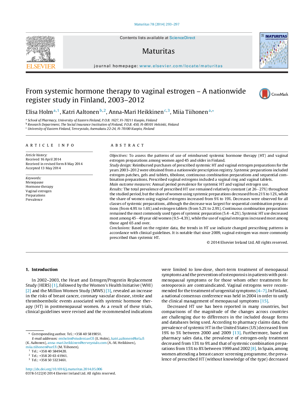 From systemic hormone therapy to vaginal estrogen – A nationwide register study in Finland, 2003–2012