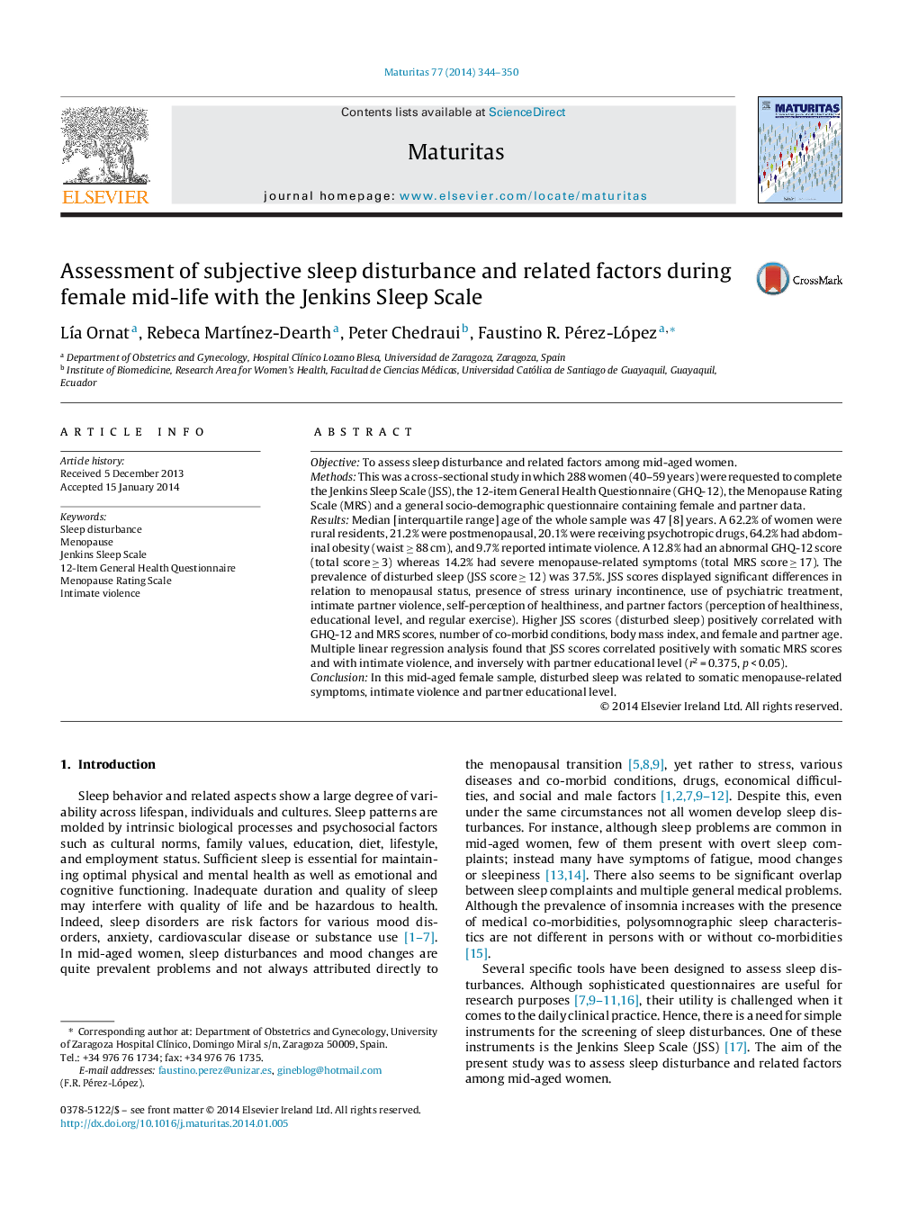 Assessment of subjective sleep disturbance and related factors during female mid-life with the Jenkins Sleep Scale