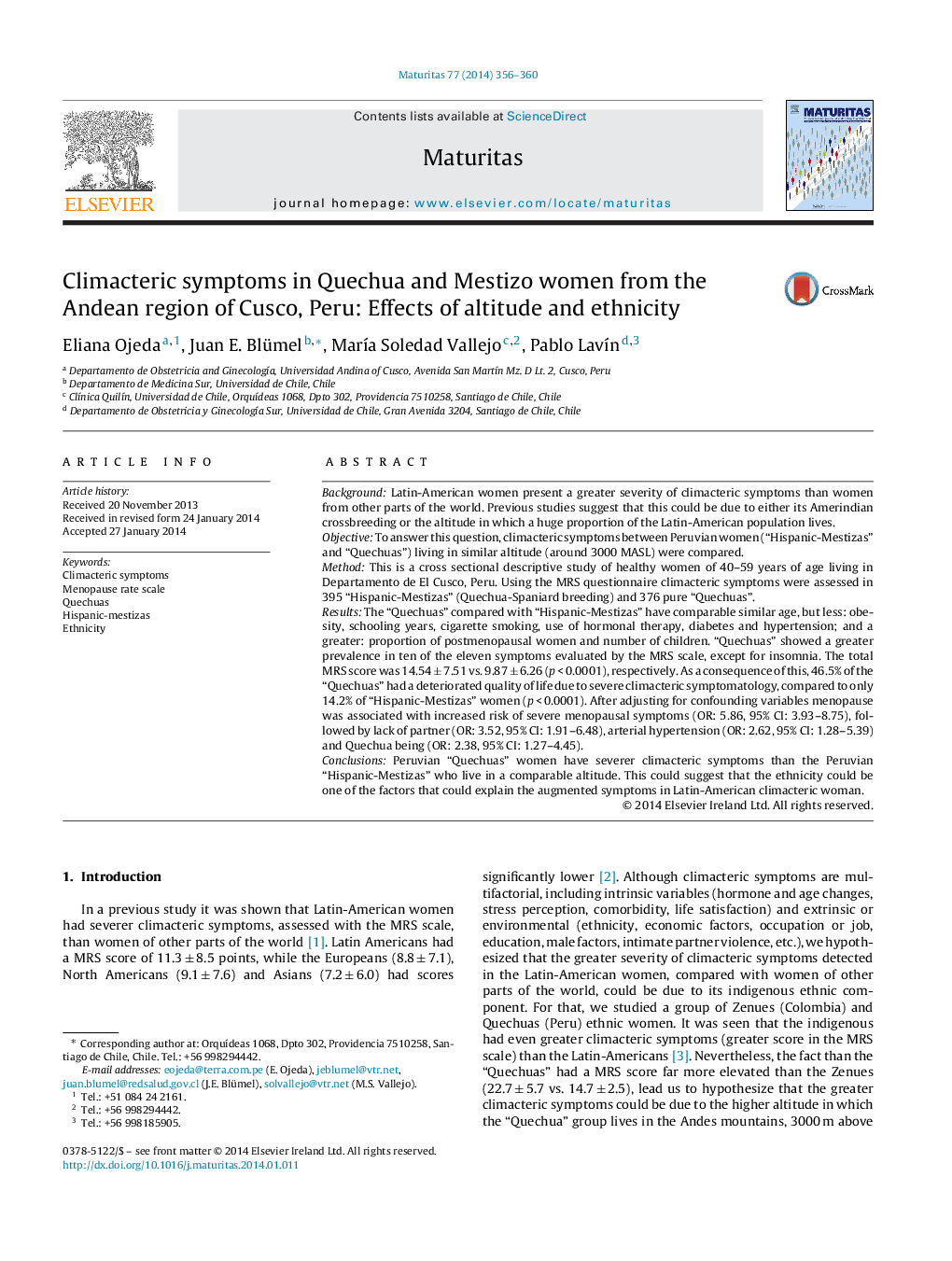 Climacteric symptoms in Quechua and Mestizo women from the Andean region of Cusco, Peru: Effects of altitude and ethnicity