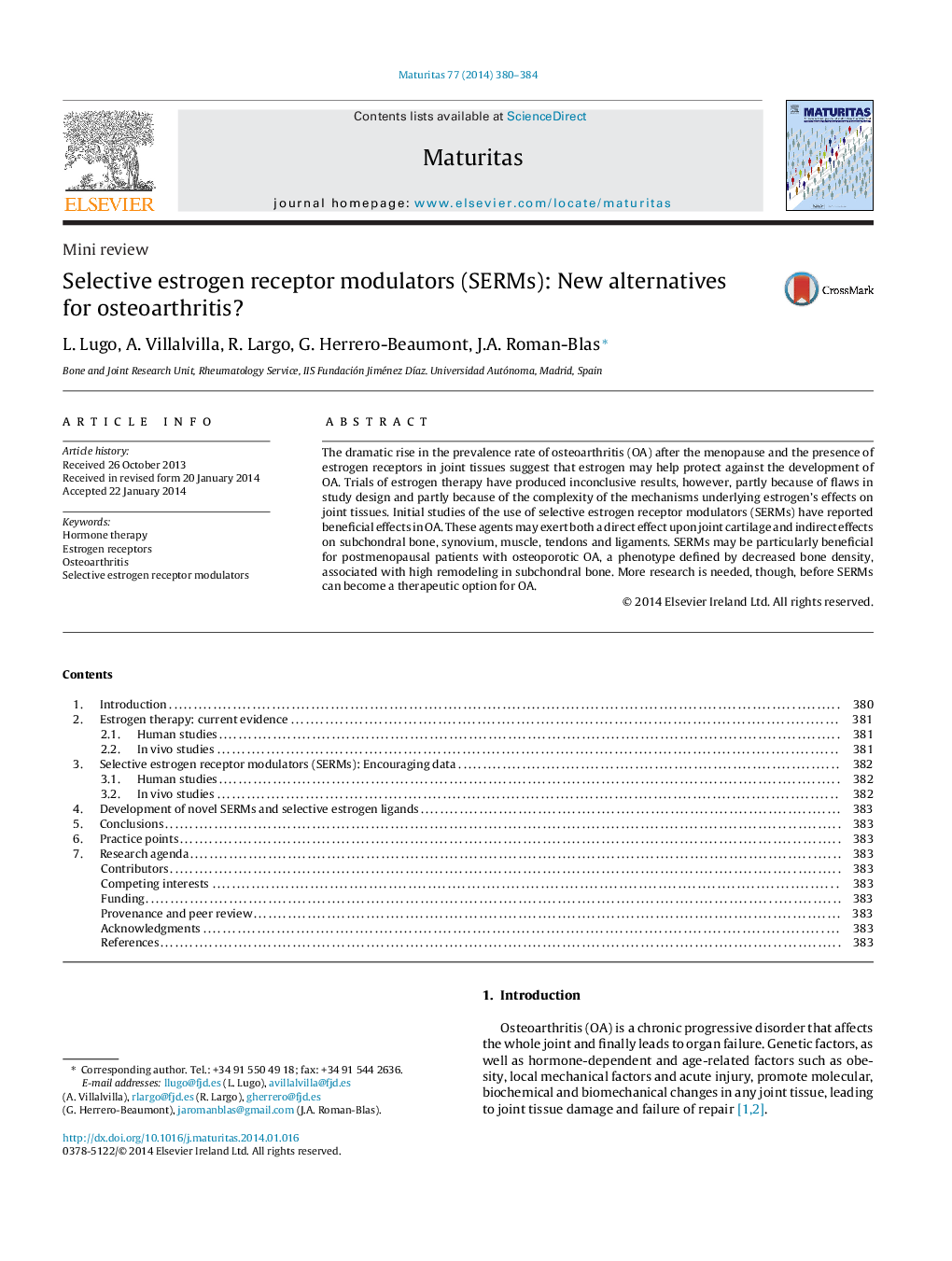 Selective estrogen receptor modulators (SERMs): New alternatives for osteoarthritis?