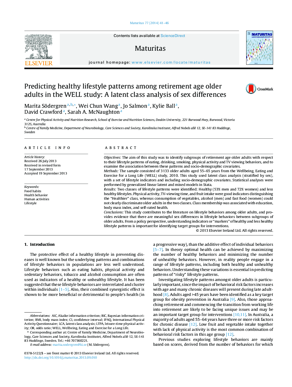 Predicting healthy lifestyle patterns among retirement age older adults in the WELL study: A latent class analysis of sex differences