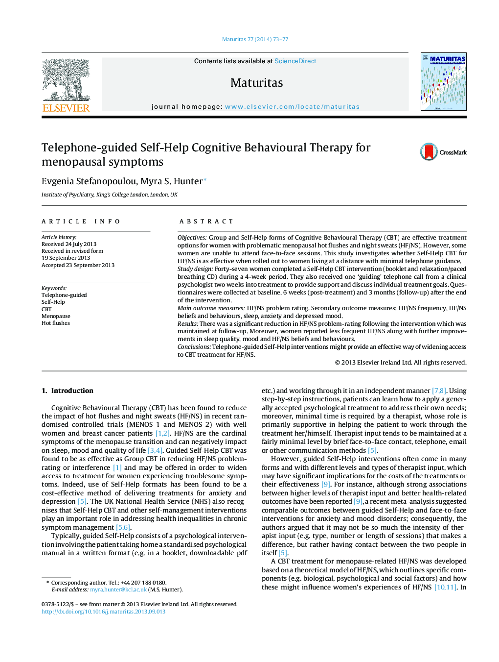 Telephone-guided Self-Help Cognitive Behavioural Therapy for menopausal symptoms