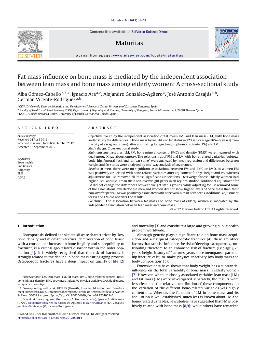 Fat mass influence on bone mass is mediated by the independent association between lean mass and bone mass among elderly women: A cross-sectional study