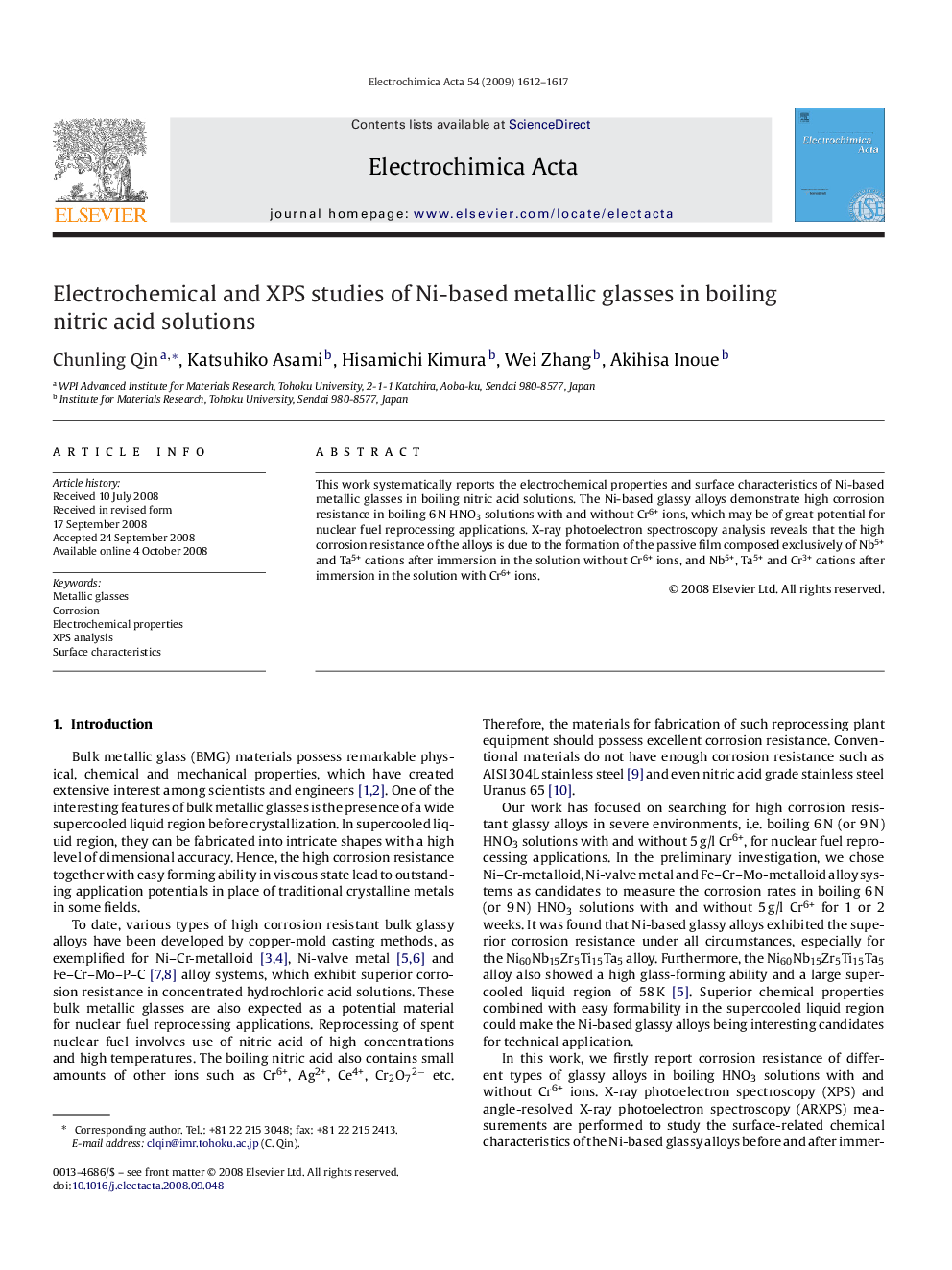 عکس صفحه اول مقاله: Electrochemical and XPS studies of Ni-based metallic glasses in boiling nitric acid solutions Electrochemical and XPS studies of Ni-based metallic glasses in boiling nitric acid solutions