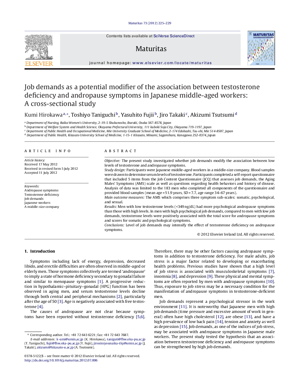 Job demands as a potential modifier of the association between testosterone deficiency and andropause symptoms in Japanese middle-aged workers: A cross-sectional study