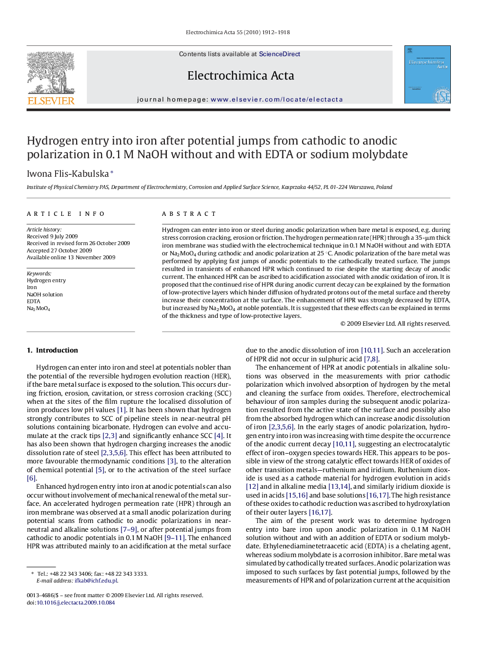 Hydrogen entry into iron after potential jumps from cathodic to anodic polarization in 0.1 M NaOH without and with EDTA or sodium molybdate