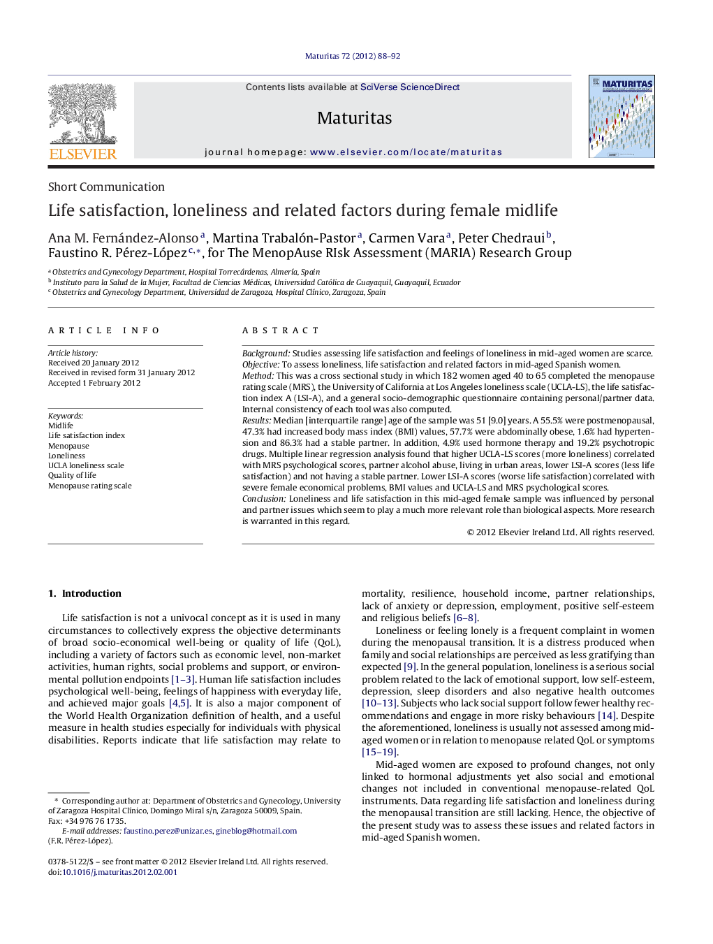 Life satisfaction, loneliness and related factors during female midlife