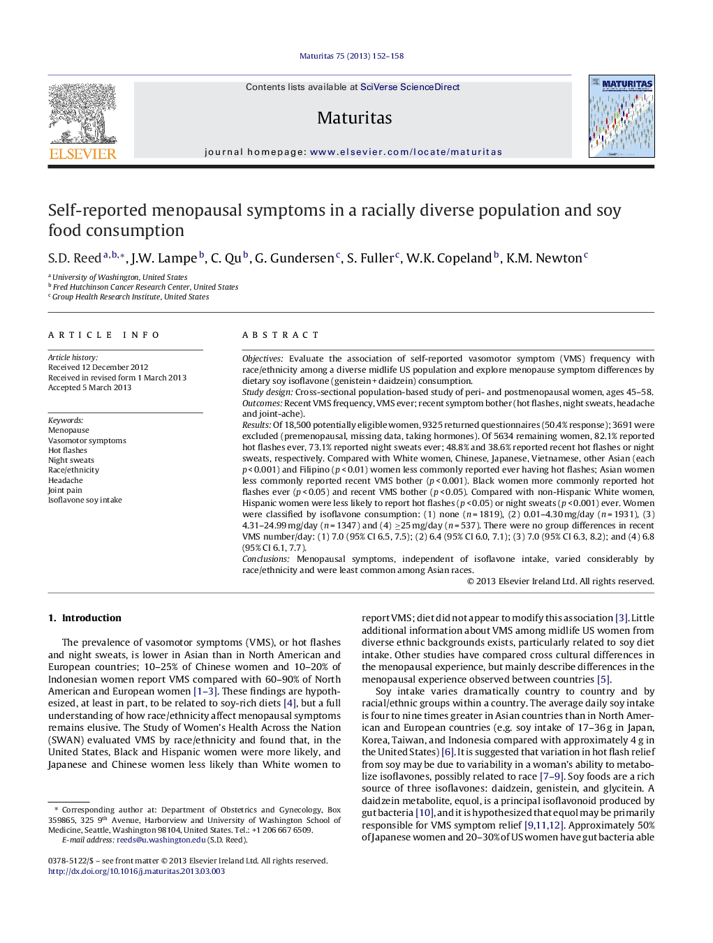 Self-reported menopausal symptoms in a racially diverse population and soy food consumption