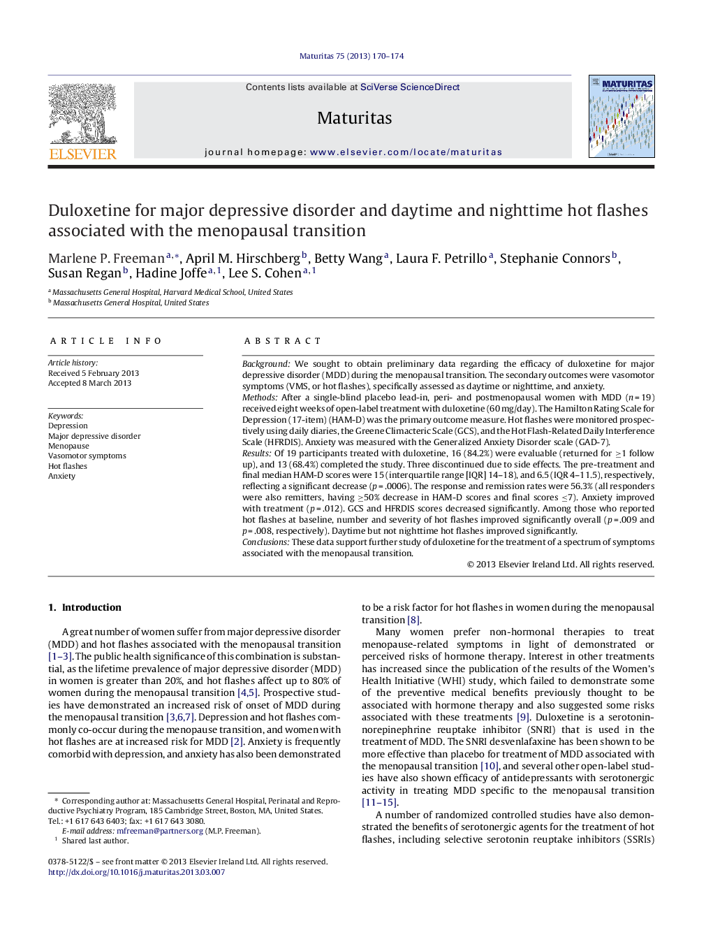 Duloxetine for major depressive disorder and daytime and nighttime hot flashes associated with the menopausal transition