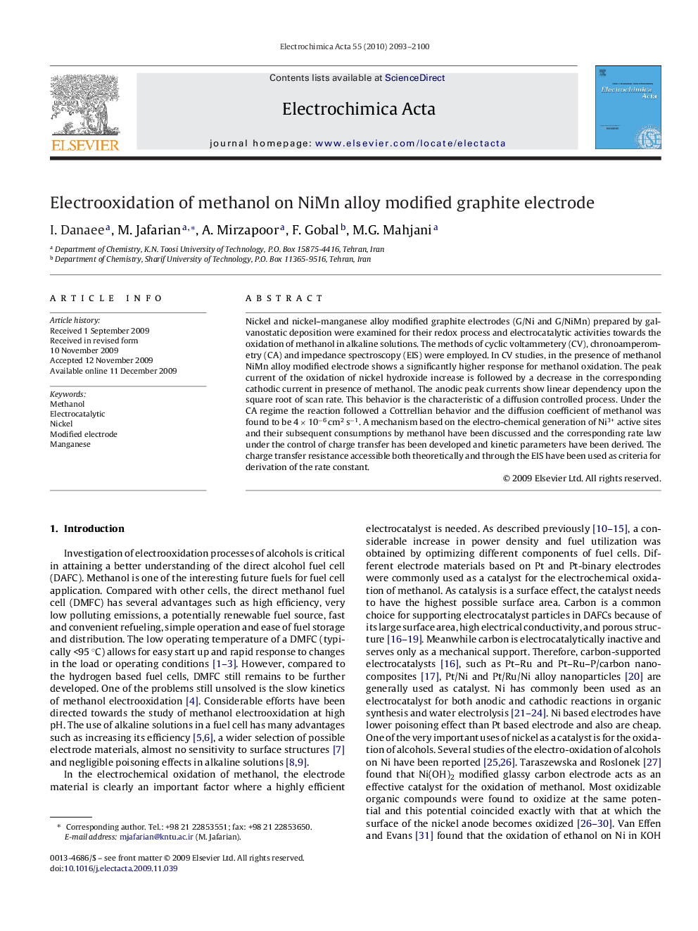 Electrooxidation of methanol on NiMn alloy modified graphite electrode