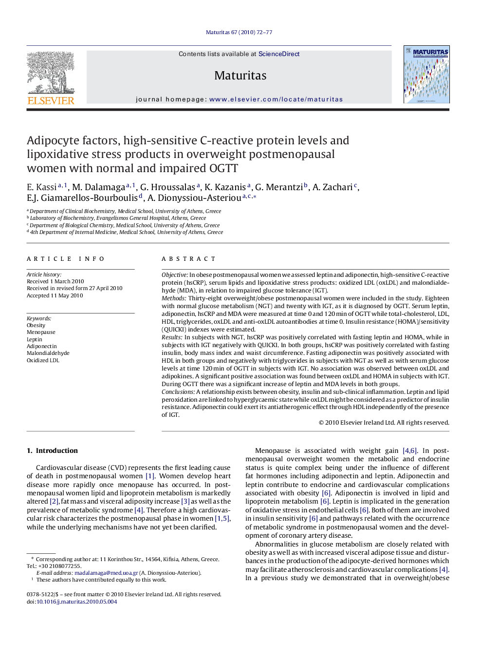 عکس صفحه اول مقاله: Adipocyte factors, high-sensitive C-reactive protein levels and lipoxidative stress products in overweight postmenopausal women with normal and impaired OGTT Adipocyte factors, high-sensitive C-reactive protein levels and lipoxidative stress products in overweight postmenopausal women with normal and impaired OGTT