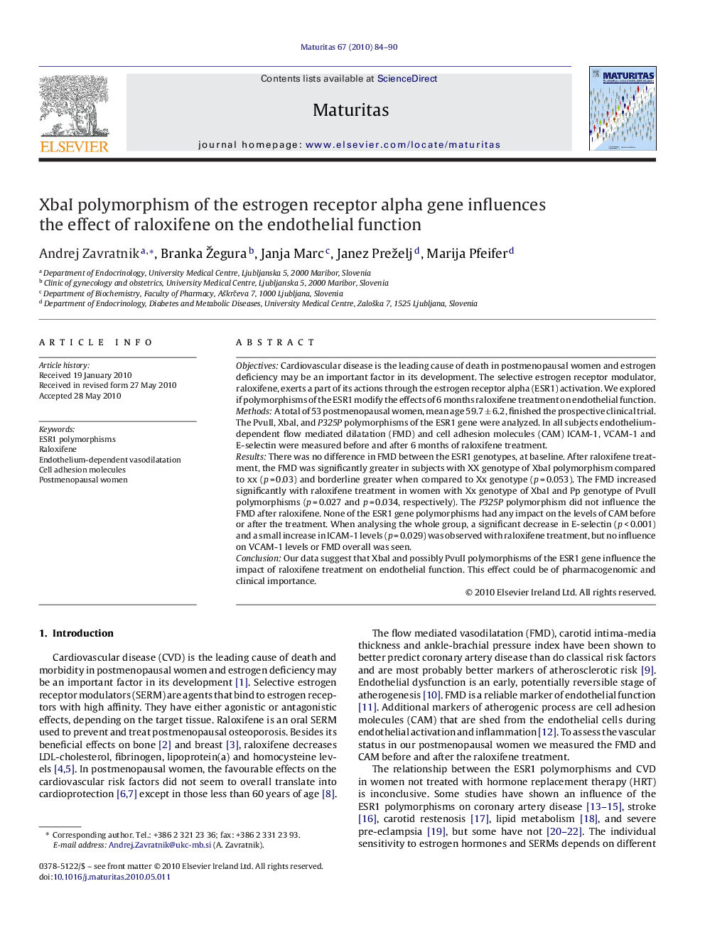 XbaI polymorphism of the estrogen receptor alpha gene influences the effect of raloxifene on the endothelial function