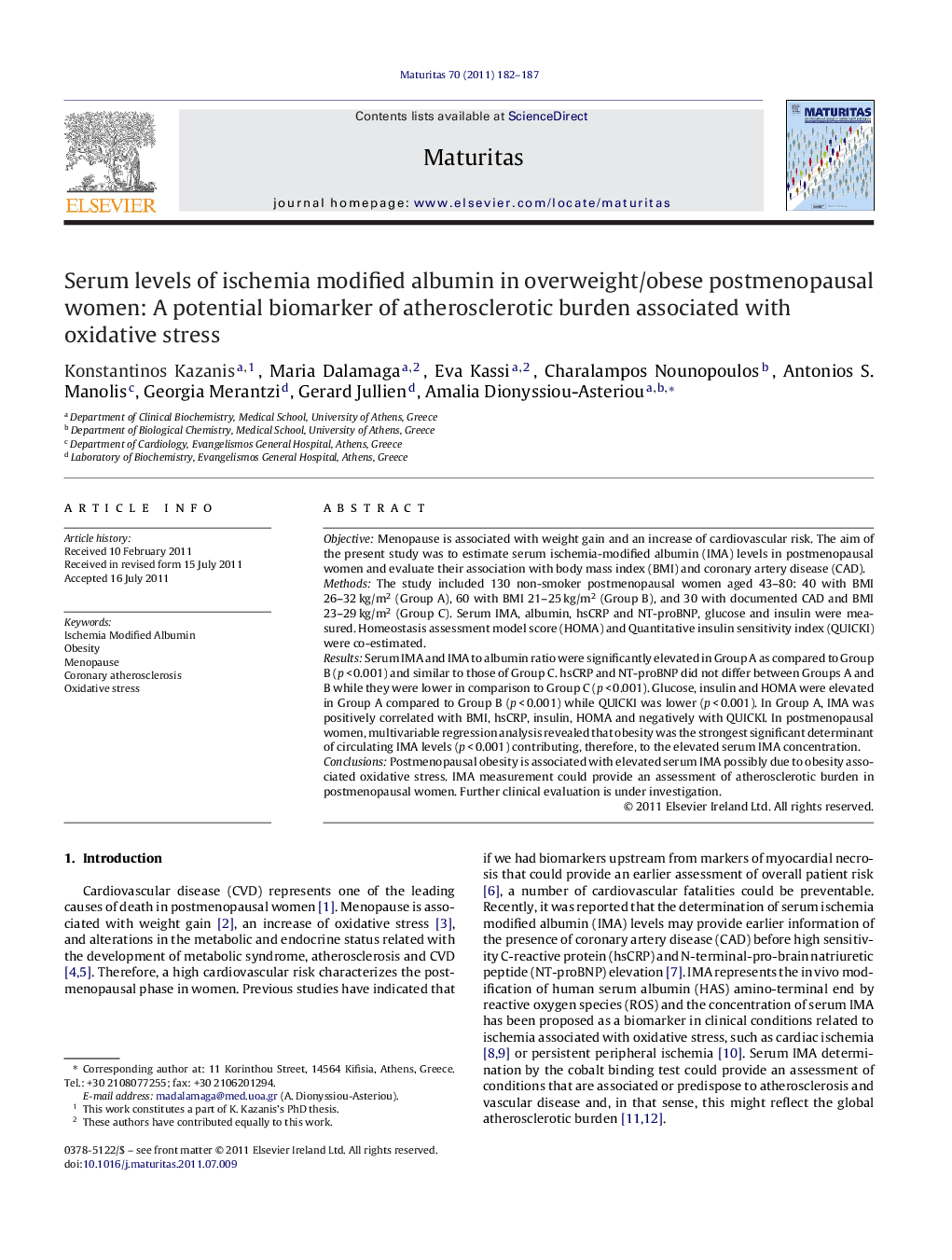 Serum levels of ischemia modified albumin in overweight/obese postmenopausal women: A potential biomarker of atherosclerotic burden associated with oxidative stress