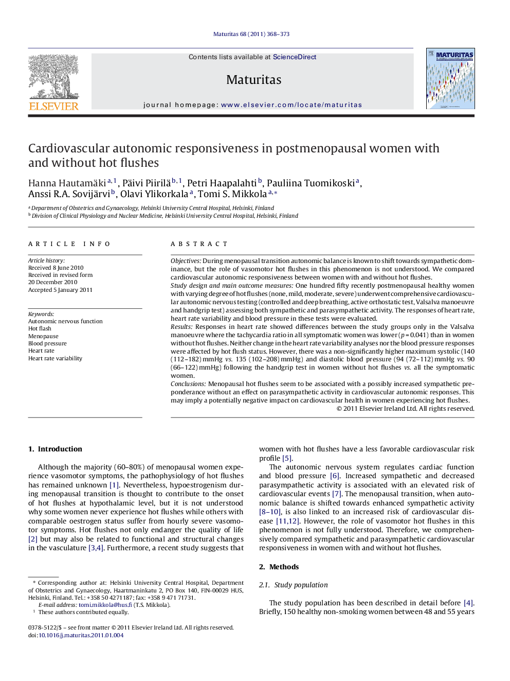 Cardiovascular autonomic responsiveness in postmenopausal women with and without hot flushes