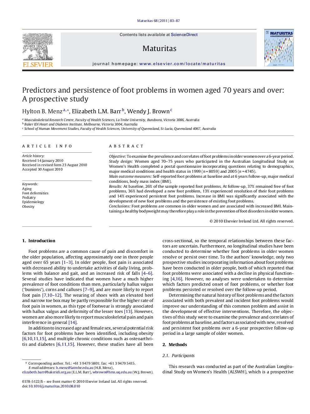 Predictors and persistence of foot problems in women aged 70 years and over: A prospective study