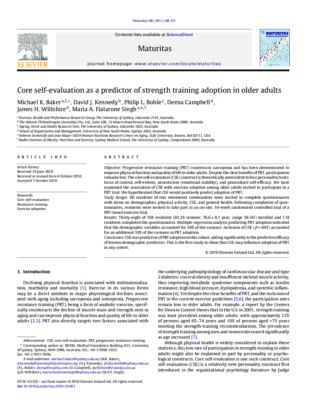 Core self-evaluation as a predictor of strength training adoption in older adults