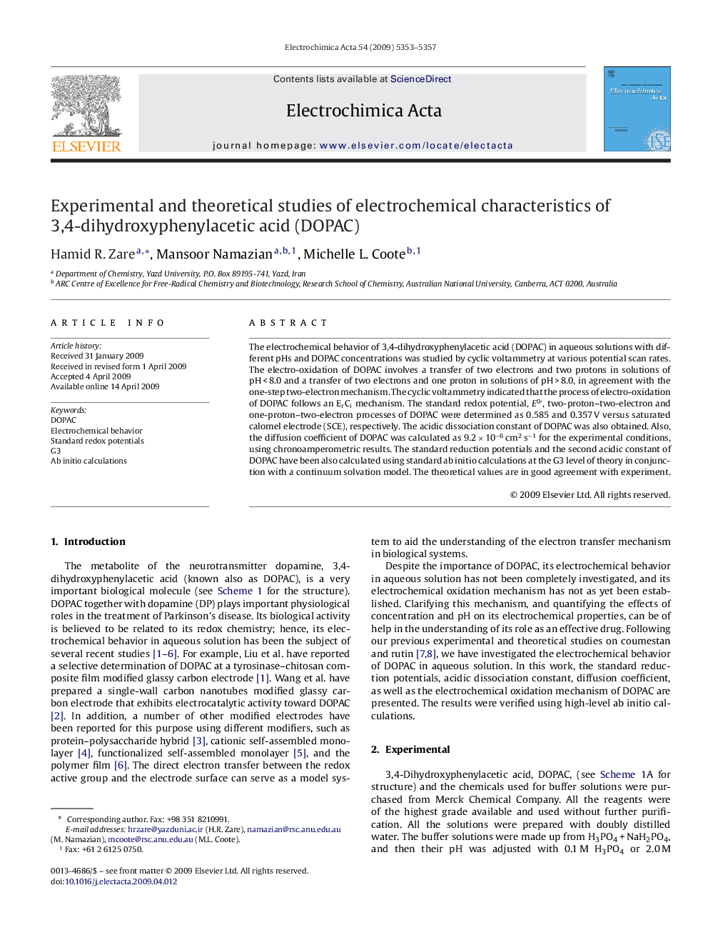 Experimental and theoretical studies of electrochemical characteristics of 3,4-dihydroxyphenylacetic acid (DOPAC)